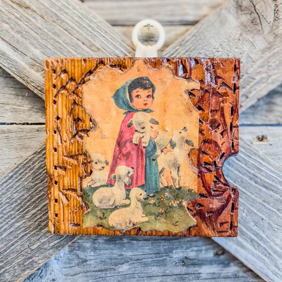 1970’s Vintage Farm Girl w/ Baby Lamb Decoupage on Wood-Wall Art-Folk Art-5.25”H - Picture 4 of 5